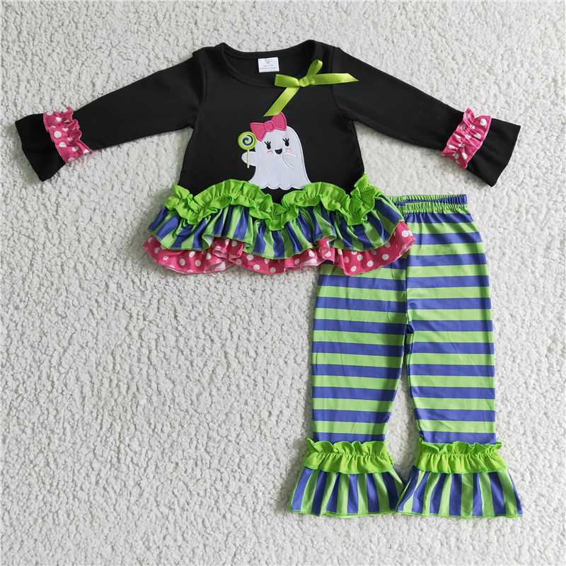 GLP0182Black ghost tunic ruffle pants kids girls Halloween clothes