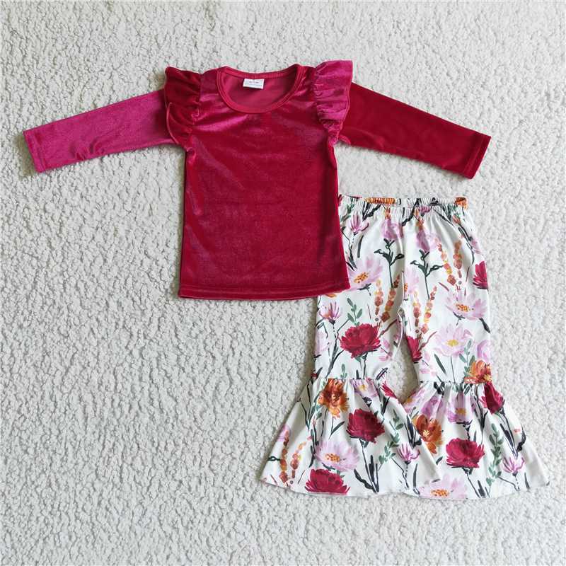 GLP0221Red velvet shirt floral bell bottom pants baby kids fall clothes