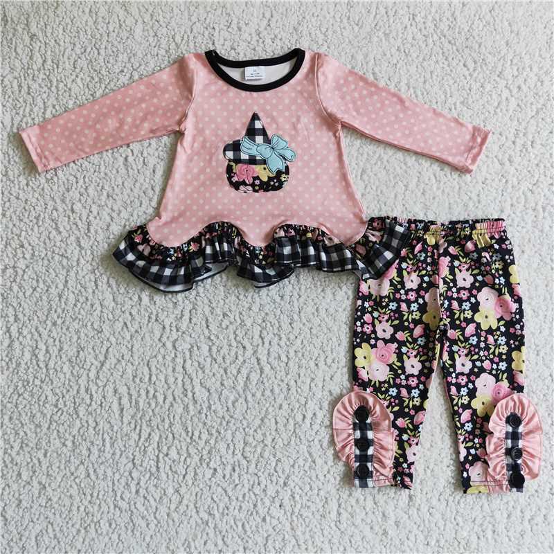 GLP0205Pink polka dots pumpkin witch baby girls Halloween clothes
