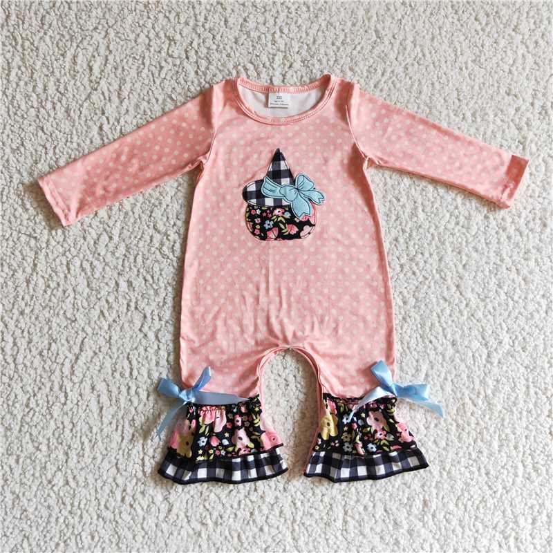 LR0147Pink polka dots floral pumpkin witch baby Halloween romper