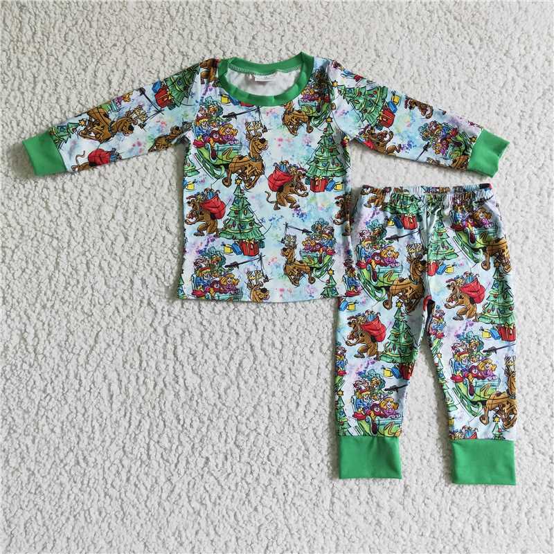 BLP0089Dog deer christmas tree mystery kids Christmas pajamas