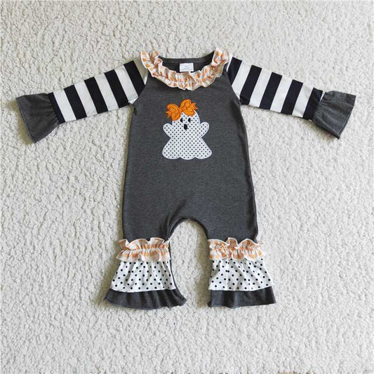 USA Shop (in stock)LR0129Black ghost stripe polka dots baby Halloween romper