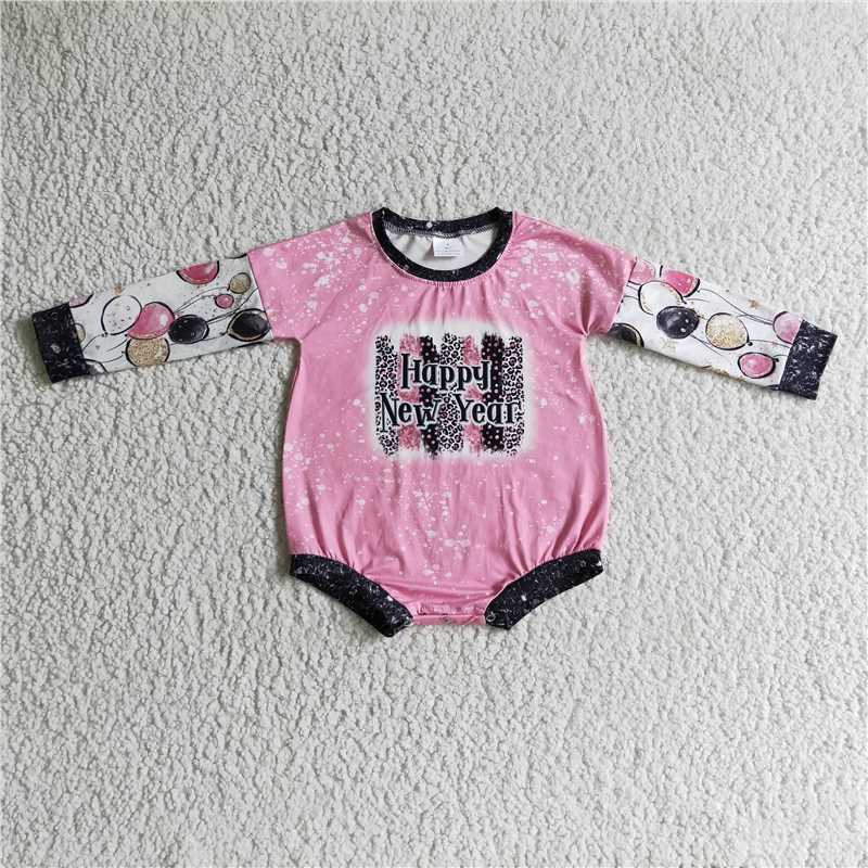 LR0184 Girls Happy New Year Pink Long Sleeve Romper