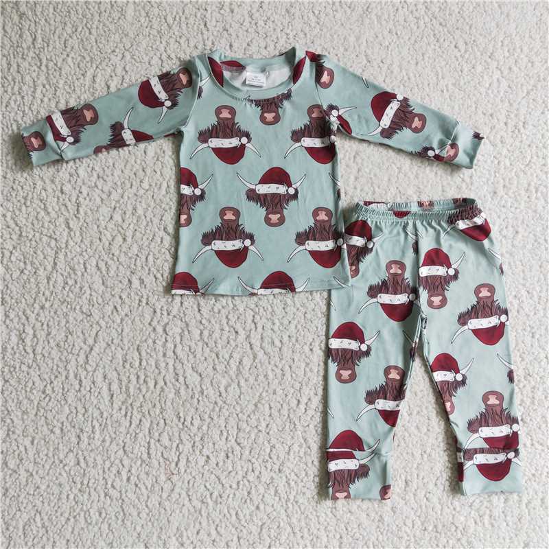 BLP0087Highland cow santa hat kids western Christmas pajamas