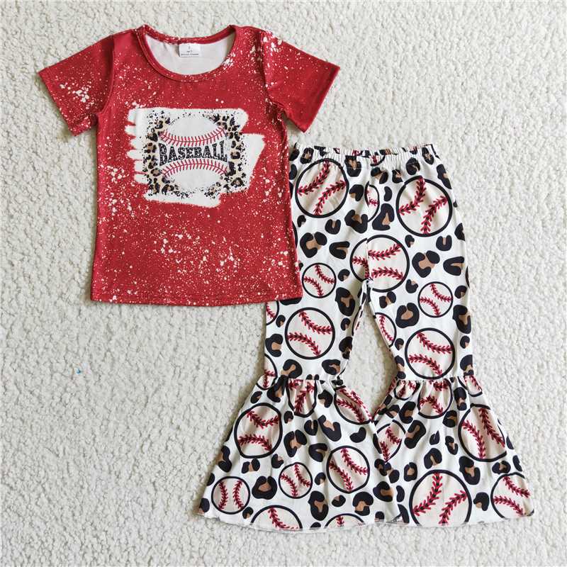 GSPO0217 Girls BASEBALL leopard print baseball red short-sleeved trousers suit
