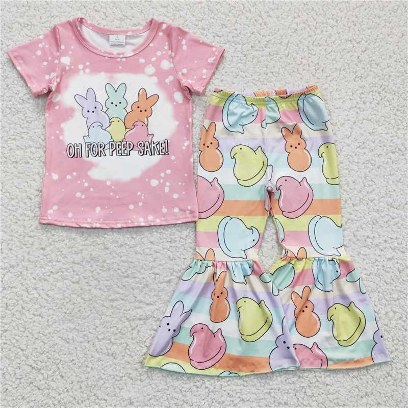 GSPO0435 Girls PEEP colorful rabbit pink short-sleeved trousers suit