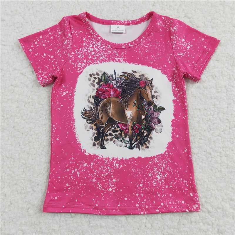 GT0122 Baby Girls Hotpink Horse western short Sleeve shirts tops
