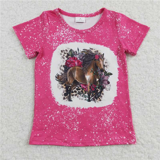 GT0122 Baby Girls Hotpink Horse western short Sleeve shirts tops
