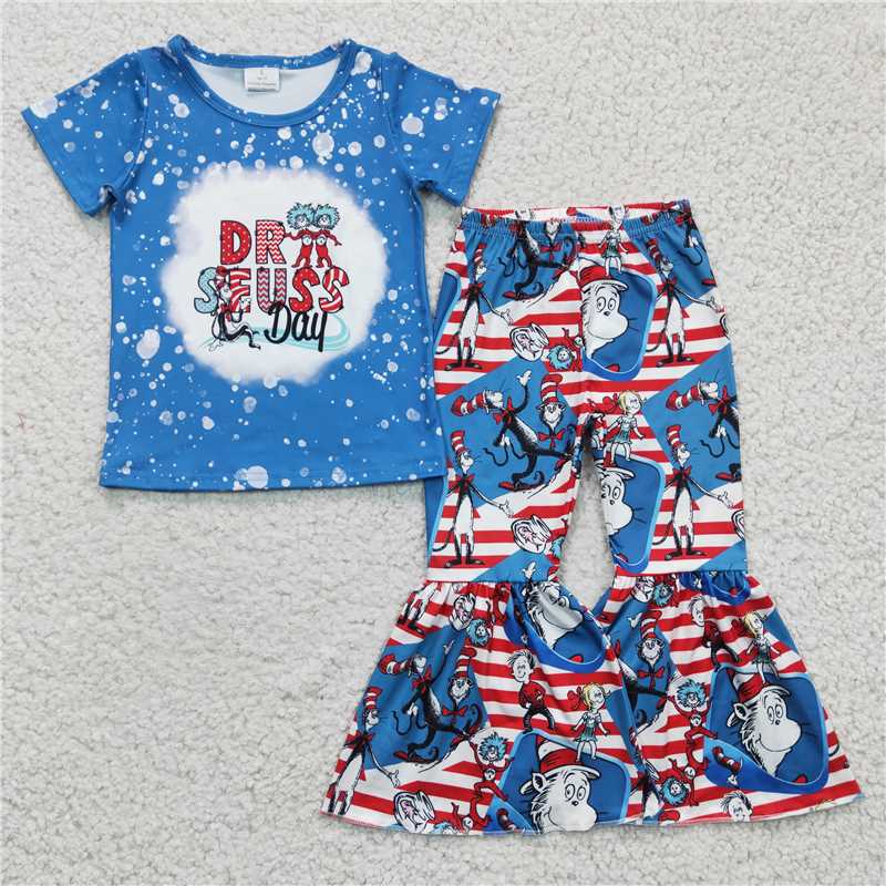 GSPO0406 Girls Dr Seuss blue short-sleeved trouser suit