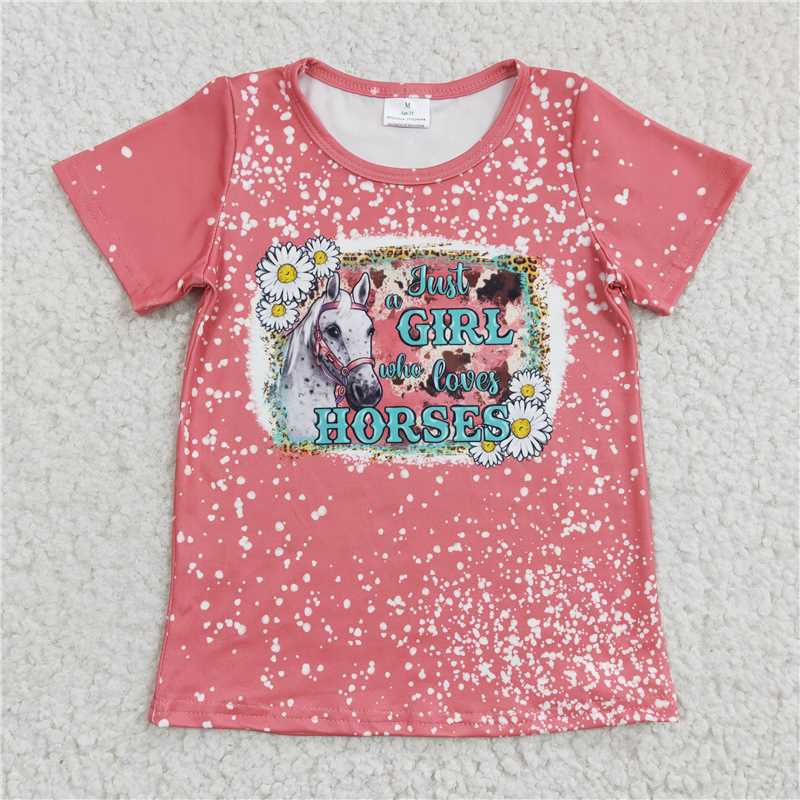 GT0095 Baby Girls pink horse western short Sleeve shirts tops
