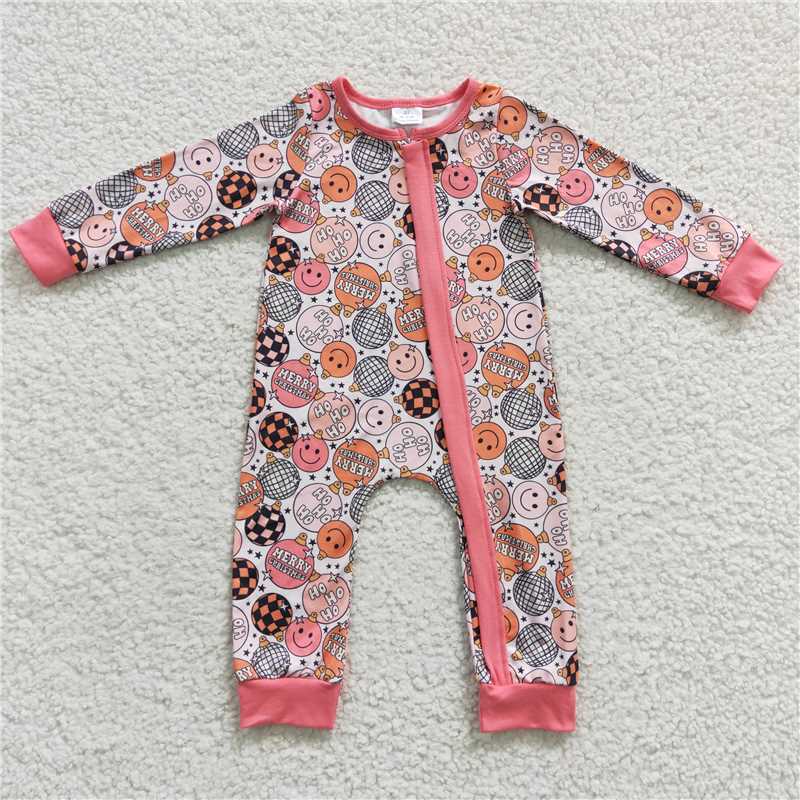 12.4 RTS NO MOQ (In stock)LR0297 Baby Girls Christmas Smile Zip Rompers