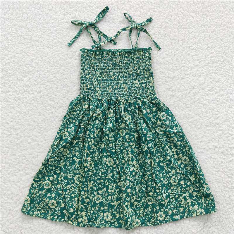 GSD0369 Baby Girls Green Flowers Elastic Knee Length Dresses