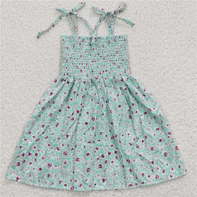 GSD0370 Baby Girls Blue Flowers Elastic Knee Length Dresses