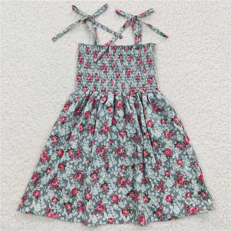 GSD0378 Baby Girls Green Floral Elastic Knee Length Dresses