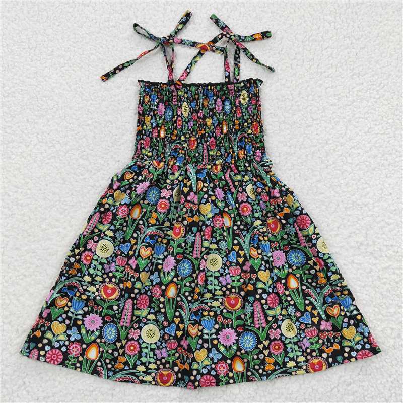 GSD0365 Baby Girls Colorful Flowers Elastic Knee Length Dresses