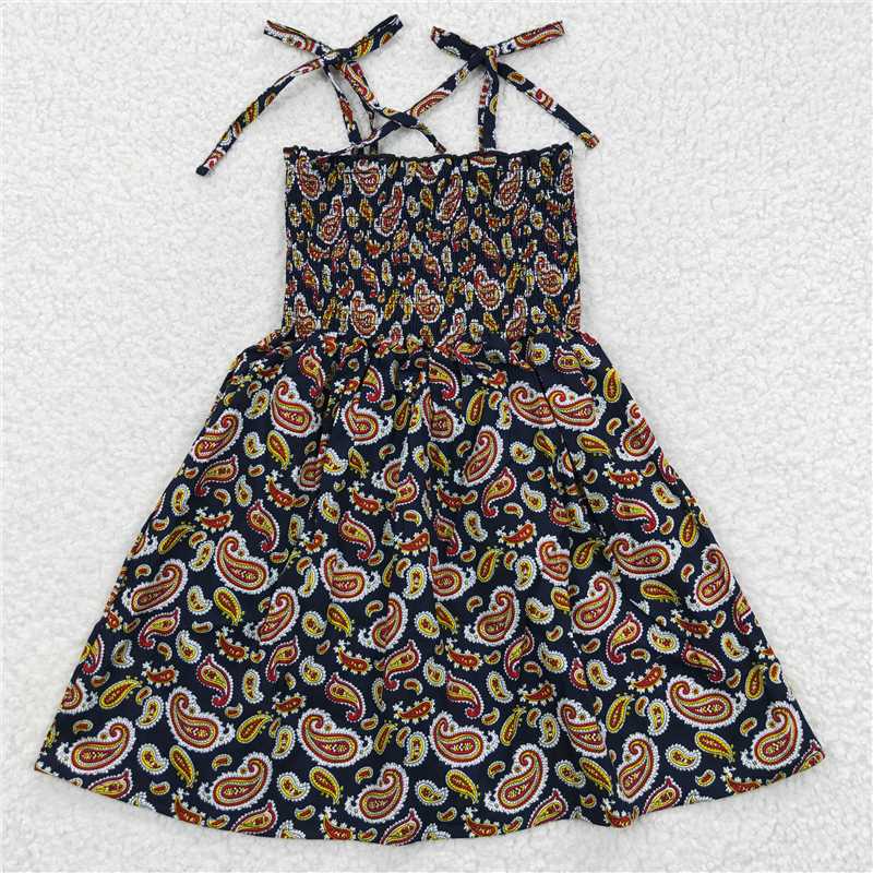 GSD0368 Baby Girls Navy Flowers Elastic Knee Length Dresses
