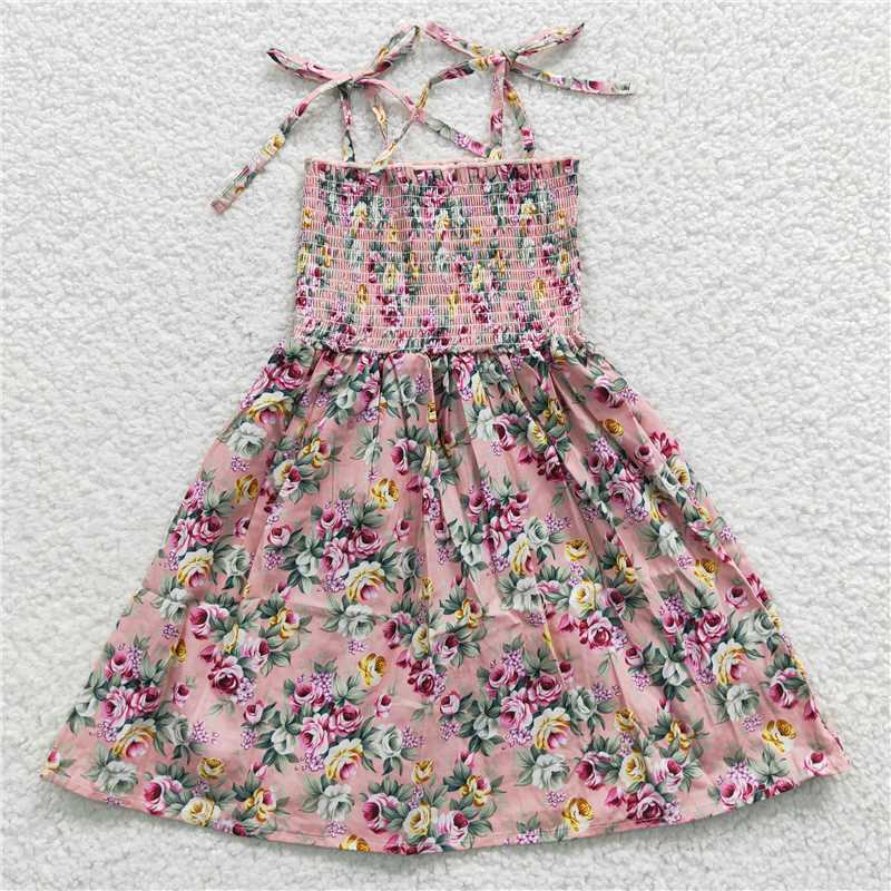 GSD0376 Baby Girls Pink Floral Elastic Knee Length Dresses