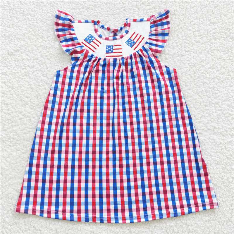 GSD0387 Flag embroidery smock plaid kids girls 4th of july dress