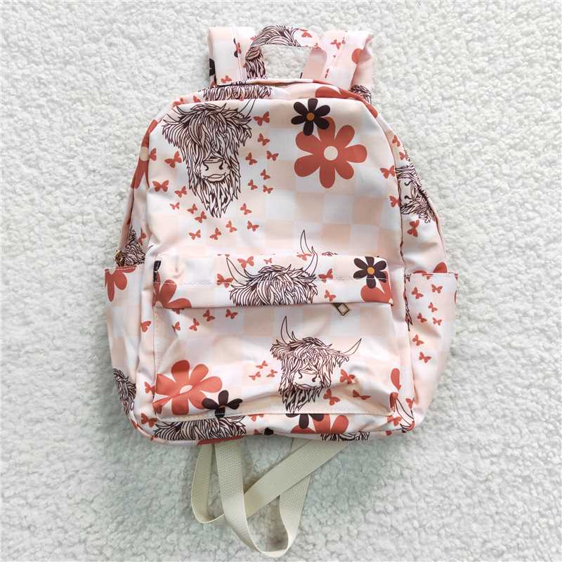 BA0074 Baby Kids Children Orange Highland Cow Flowers Print Western Back Bags