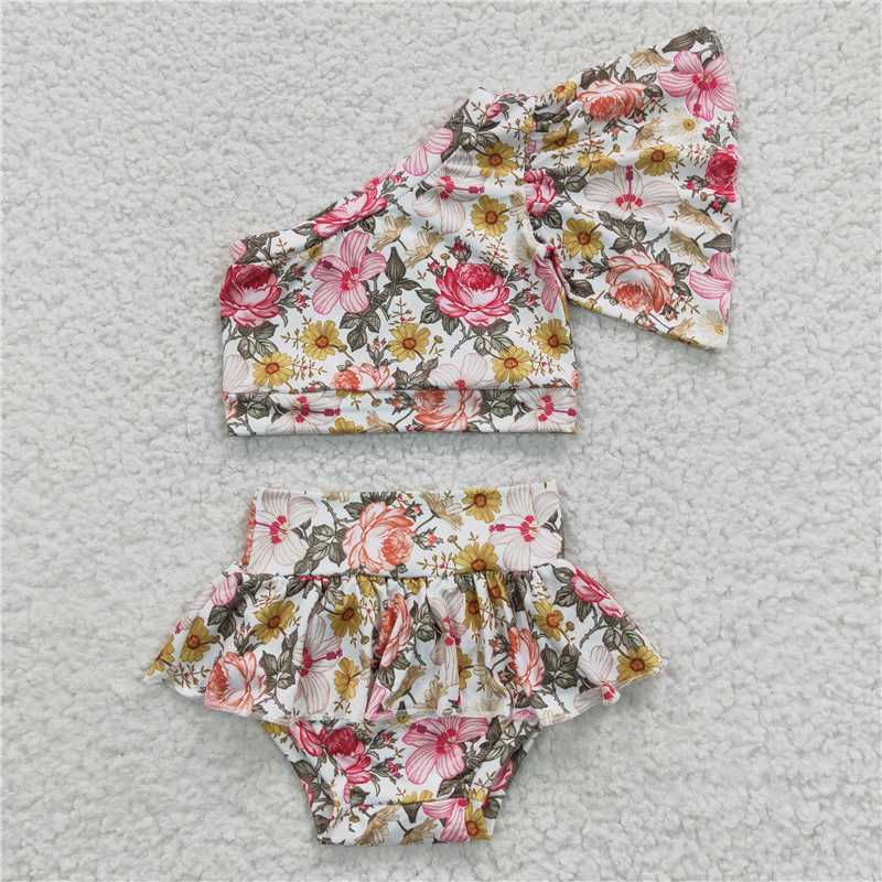 GBO0157 Baby Girls Flowers One Shoulder Bummie Sets