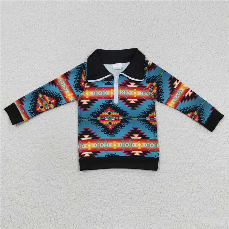BT0227 Baby Boys Western Aztec Long Sleeve Zip Pullover Tee Tops