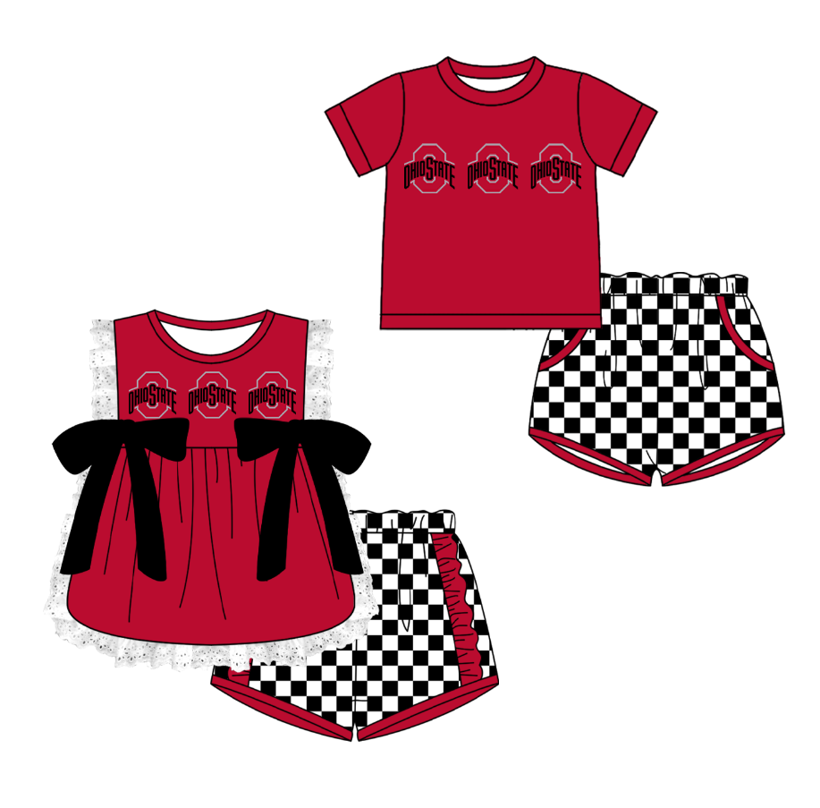 CUSTOM MOQ 5 Cute Kids Clothing Sibling Boys Baby Girls Summer Red Bow Top Black Checked Shorts Team Clothes Sets
