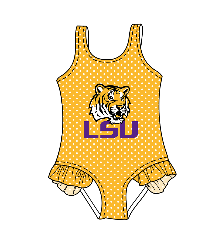 CUSTOM MOQ 5 Cute Comfortable Clothing For Kids Baby Girls Yellow Tiger Polka Dots Ruffle Team One Piece Swimsuits