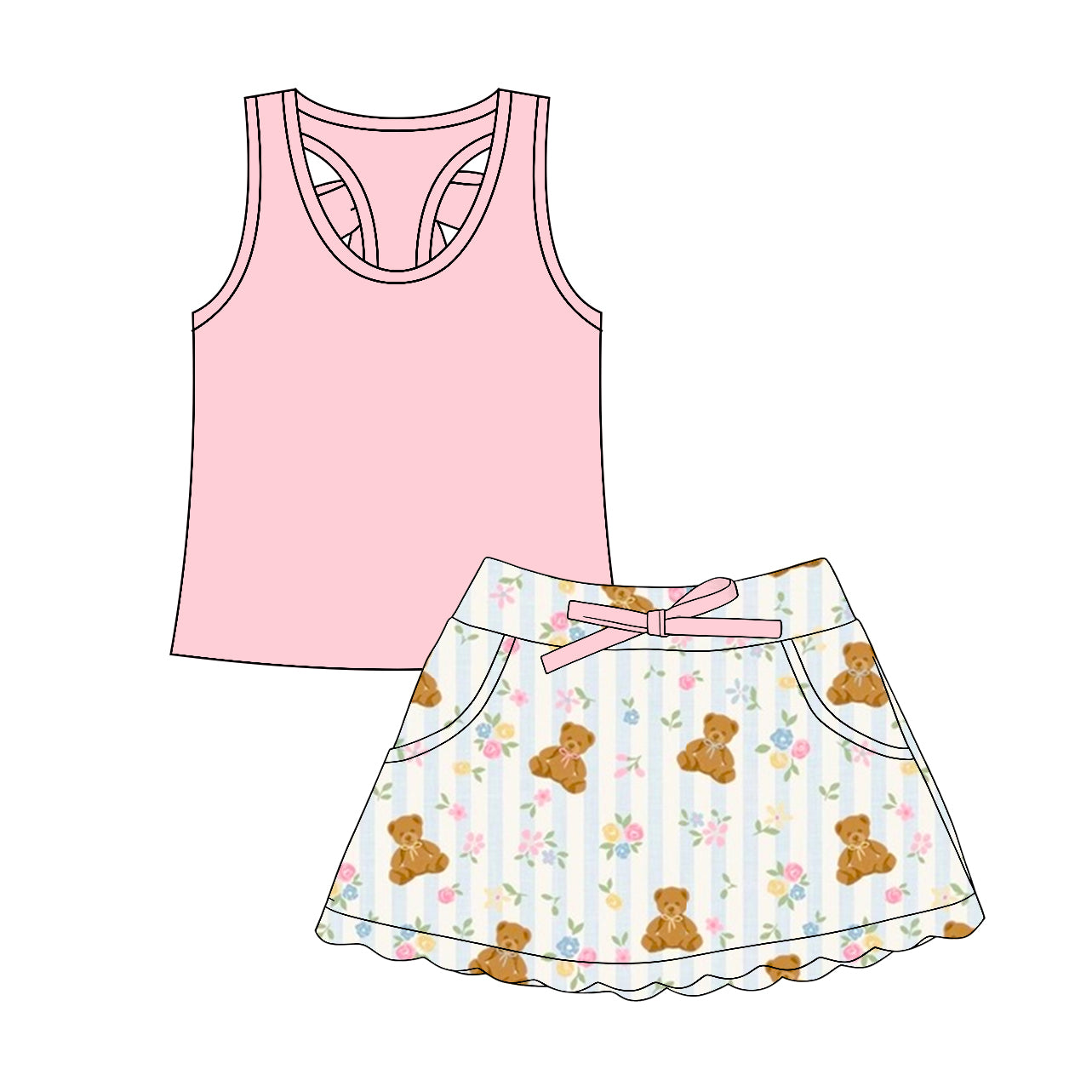 CUSTOM MOQ 5 Baby Girls Pink Flowers Sleeveless Top Skirt Shorts Yoga Active Clothes Sets