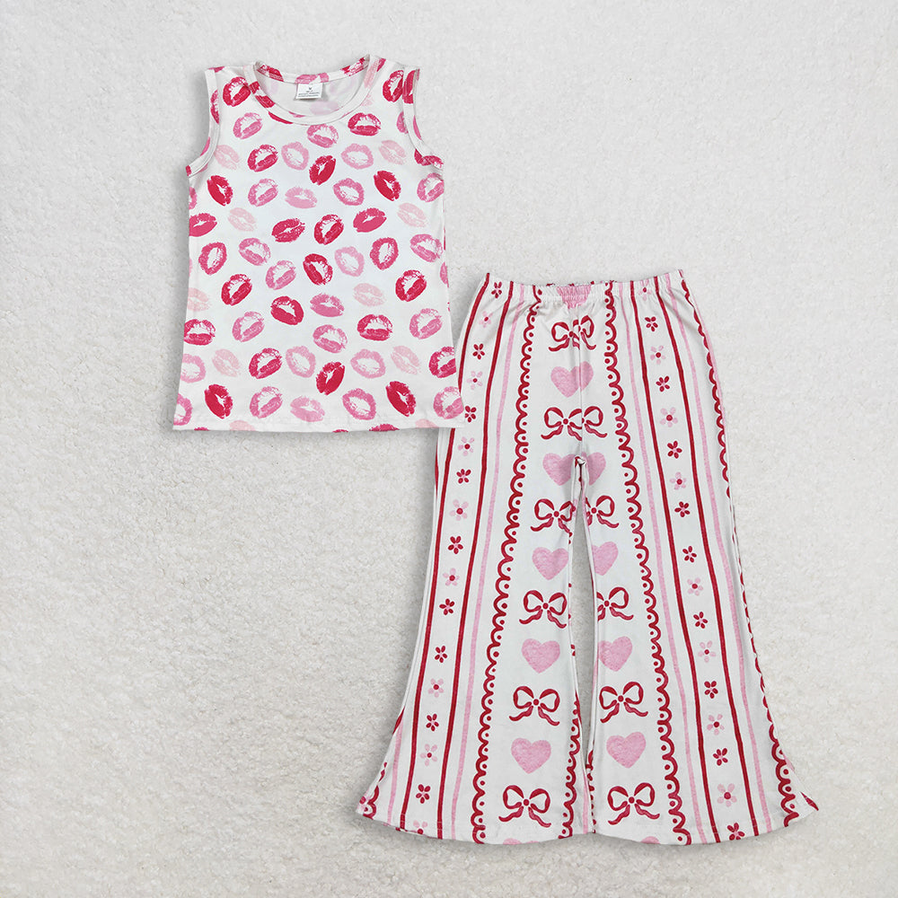 3.12 RTS NO MOQ (In stock)GT1419+ P0894 Baby Girls Sleeveless Pink Mouths Valentines Vest Tops Bows Hearts Flowers Stripe Valentines Flare Pants Bottom