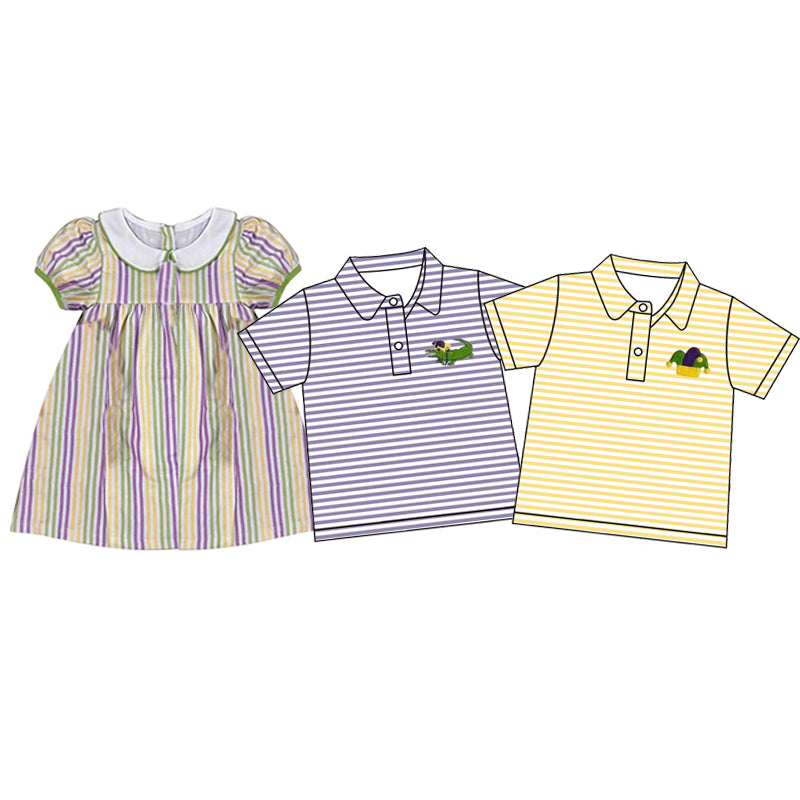 Baby Girls and Boys Mardi Gras Stripe Neck Short Sleeve Button Pullover Top and Knee Length Dress