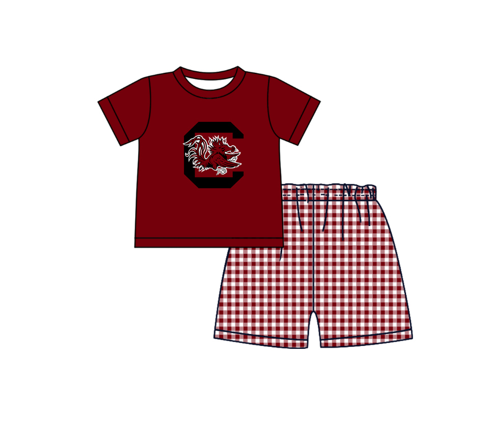 CUSTOM MOQ 5 Baby Boys Clothes Red C Sleeveless Top Plaid Shorts Team Clothes Sets