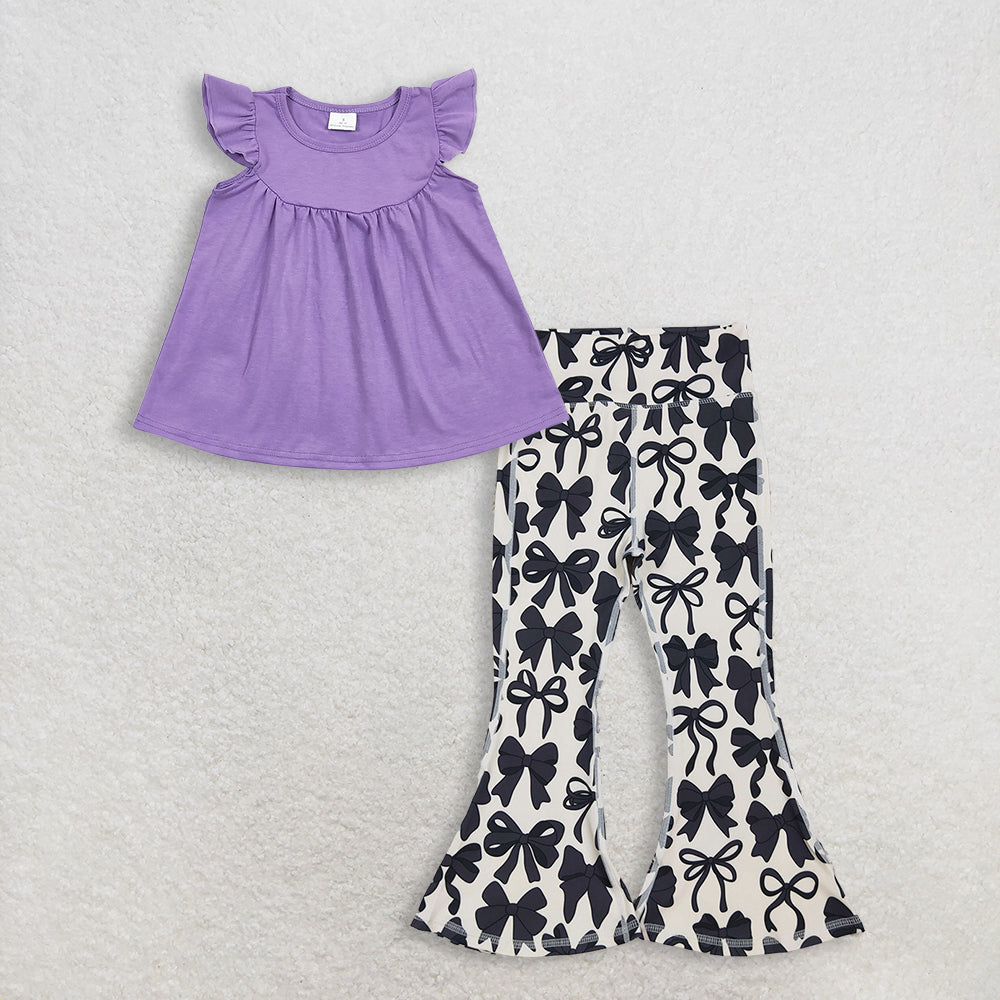 3.13 RTS NO MOQ (In stock)GT0461 + P0775 Baby Girls Lavender Flutter Sleeve Tunic Tops Black Bows Bell Bottom Yoga Pants