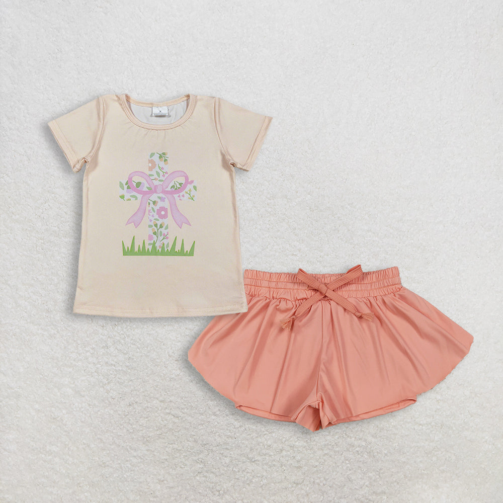 3.5 RTS NO MOQ (In stock)GT1397+ SS0547 Baby Girls Short Sleeve Flowers Cross Easter T-shirts Top Summer Shorts Bottoms