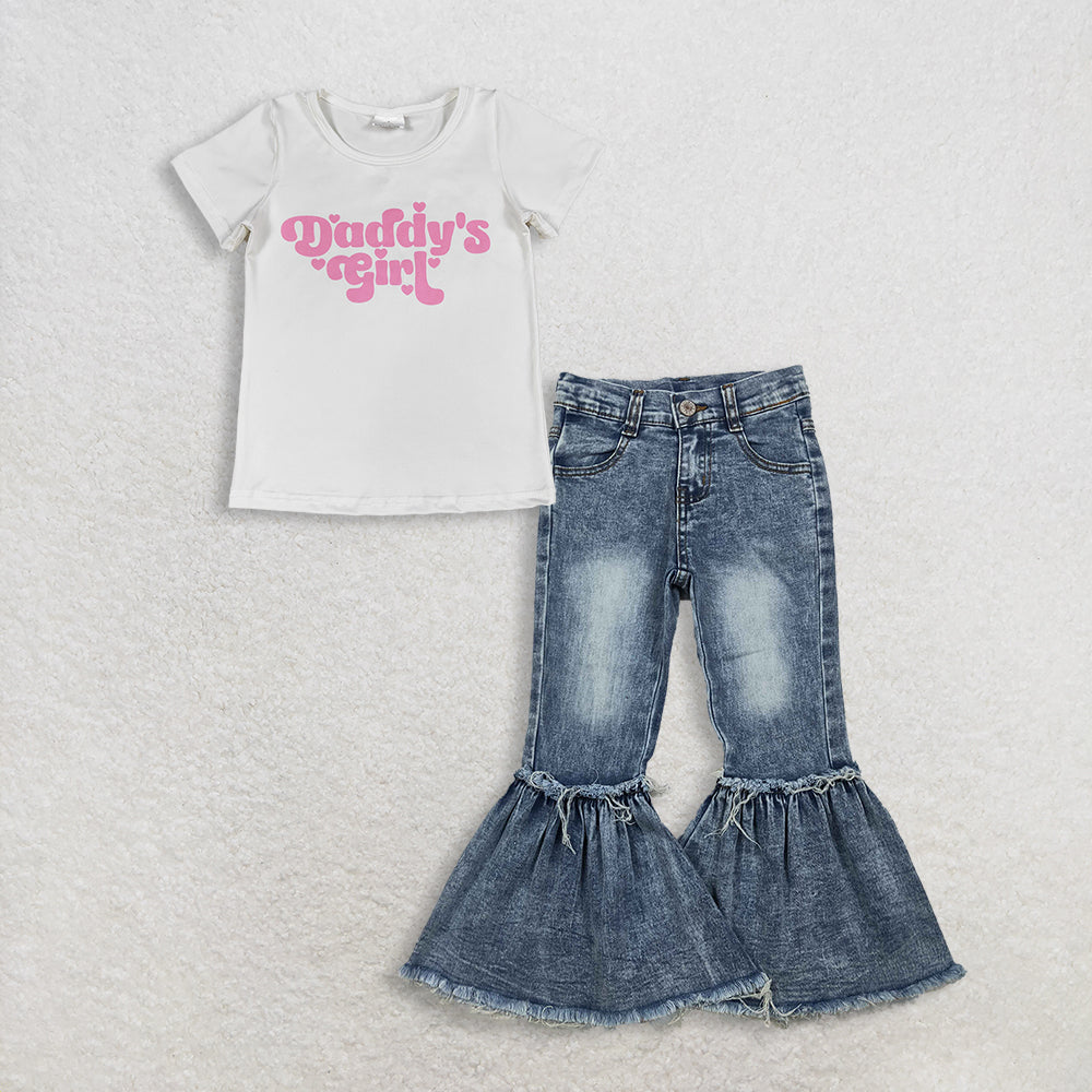 3.2 RTS NO MOQ (In stock)GT1566 + P0676 Baby Girls Daddy's Girls Summer White Shirt Denim Jeans Pants Clothes Sets
