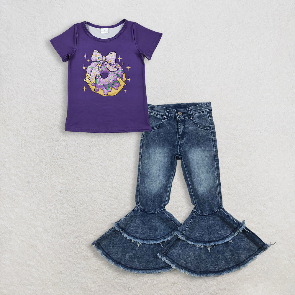 3.3 RTS NO MOQ (In stock)GT1252 + C5-15 Baby Girls Summer Purple Short Sleeve Bow Donuts Mardigras Top Denim Jeans Pants Clothes Sets