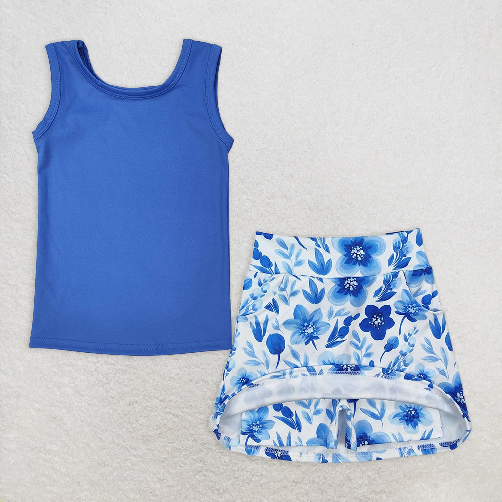 GSD1595RTS NO MOQ Children Clothes Girls Yoga Outfits Baby Girls Blue Vest Flowers Pocket Skirt Skort Active Wear Clothes Sets
