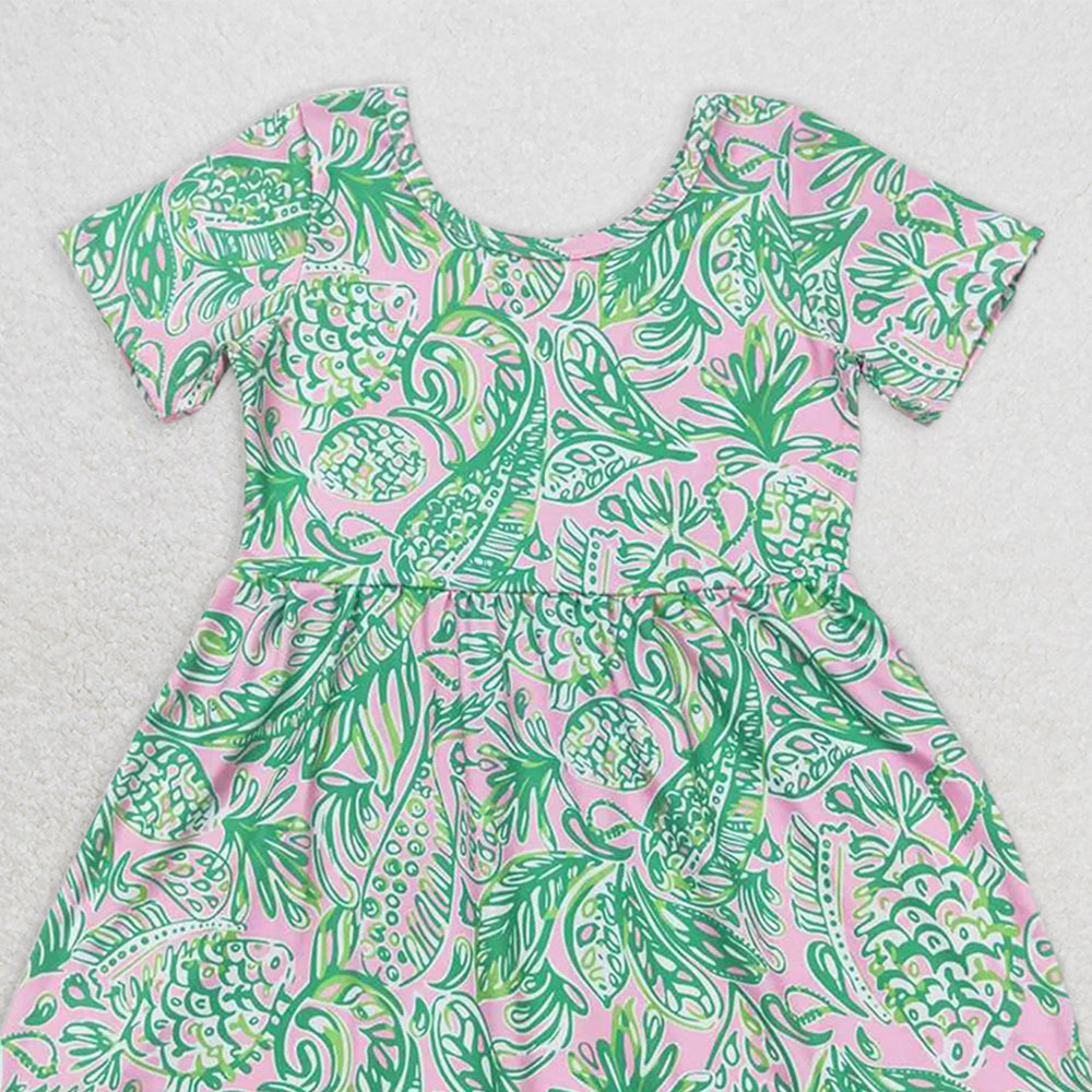 GSD1113 RTS NO MOQ Baby Girls Summer Dress Seaweed pattern pastel green short-sleeved dress