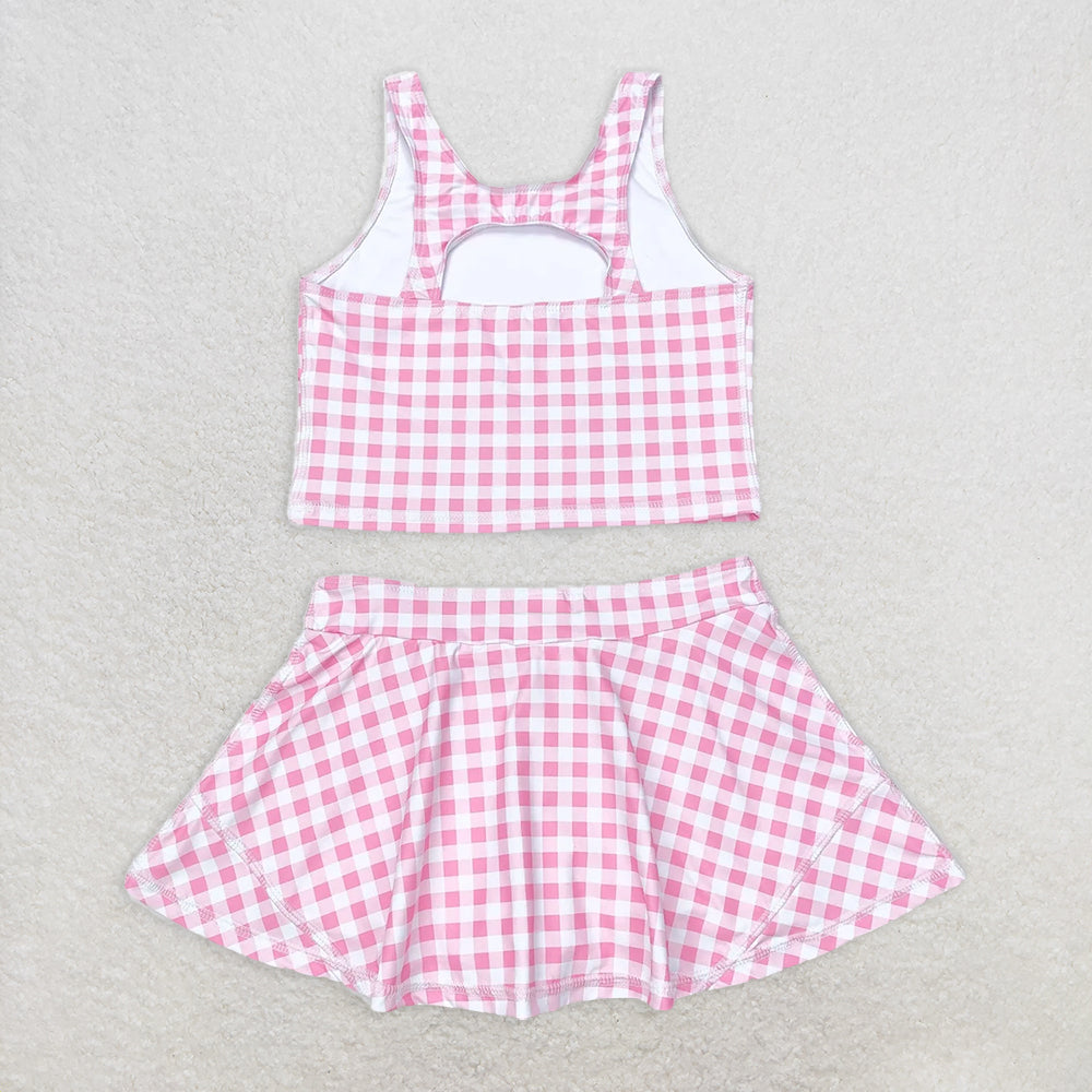 GSD0992 RTS NO MOQ Baby Girls Yoga Outfits Baby Girls Summer Pink Checkered Top Skirts Clothes Sets Preorder