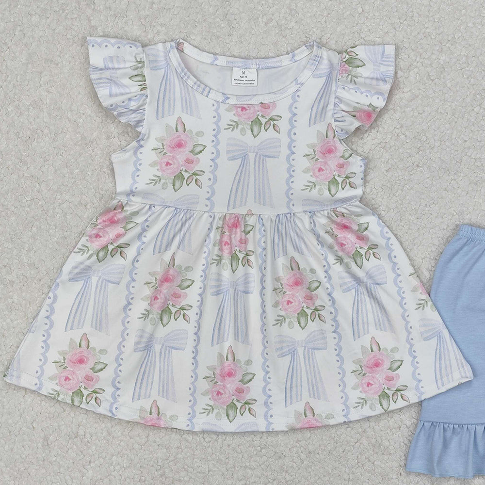 GSSO2052New Rts No Moq 8-9 Days By Air Arrived it Floral light blue bow tunic ruffle shorts girls clothes