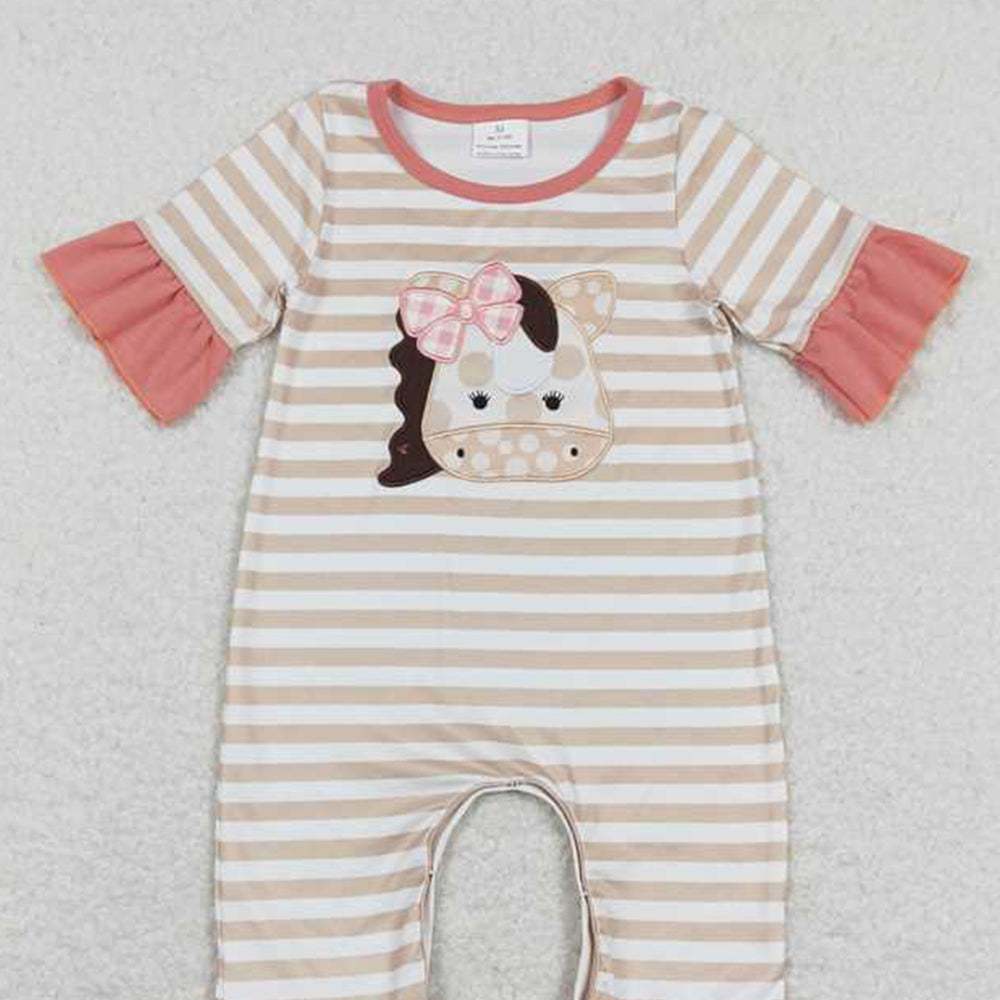 4.18 SR0674 RTS NO MOQ Ruffle khaki stripe cows baby girls summer romper