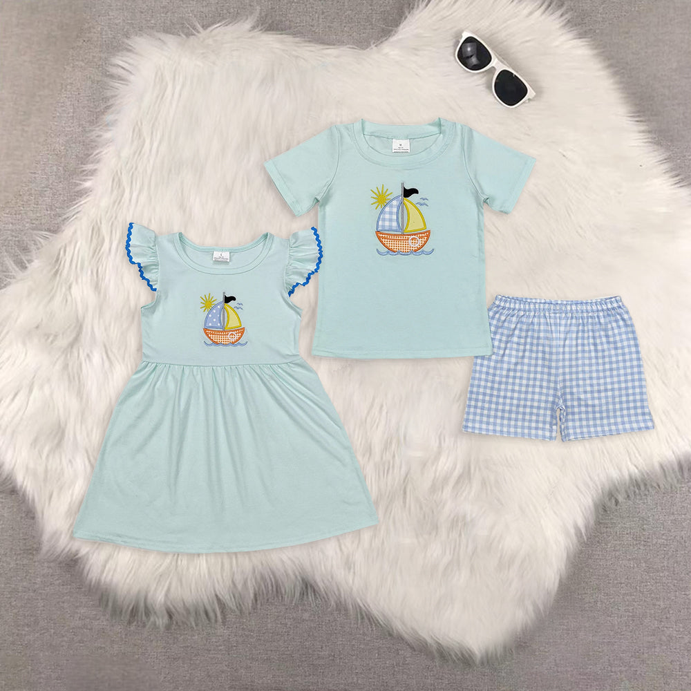 8.16 RTS Sibling Short sleeves boat top light blue plaid shorts boys clothing dress