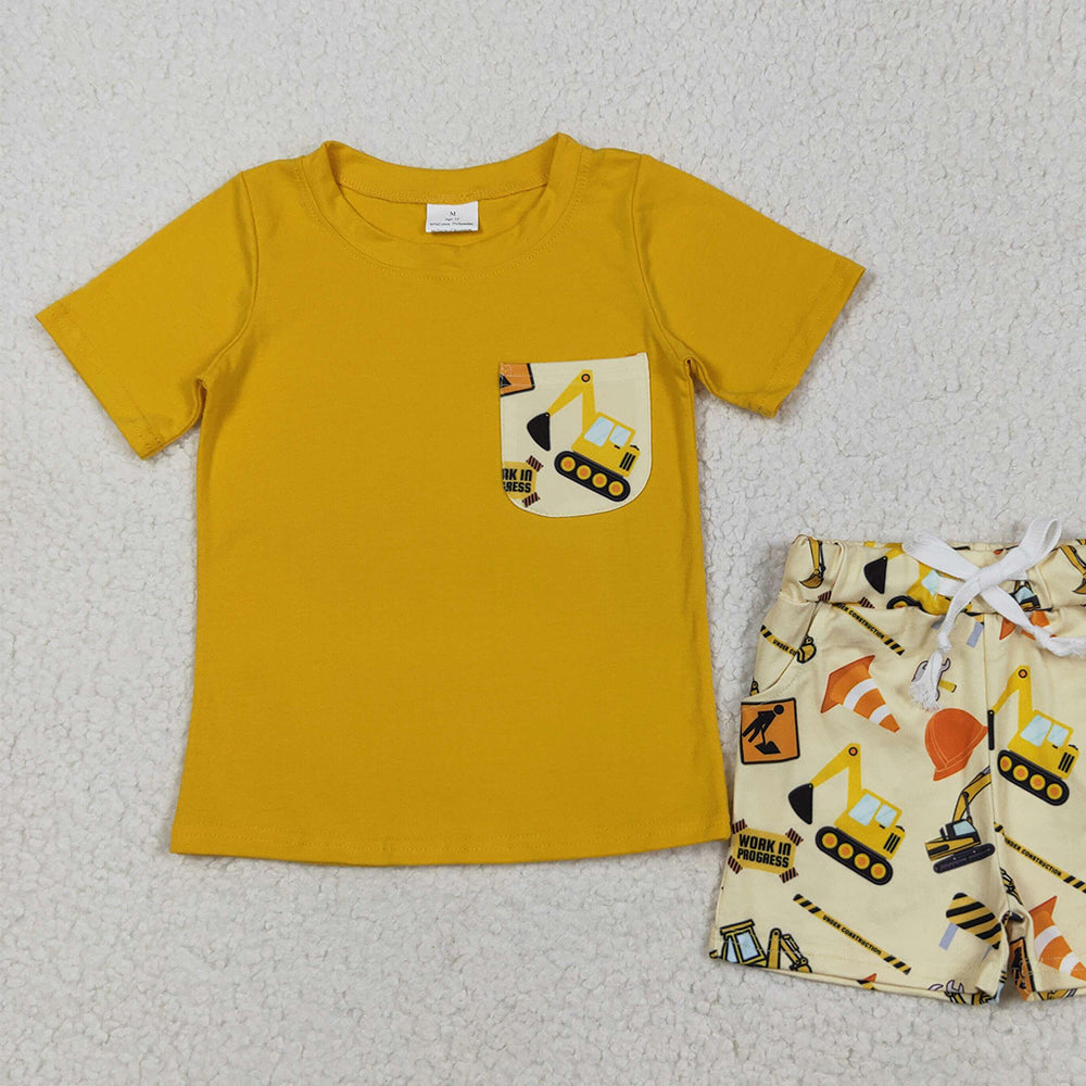 8.11 BSSO0529RTS NO MOQ Baby Boys Summer Boys Outfits Baby Boys Tractor Pocket Tee Shirts Shorts Clothes Sets
