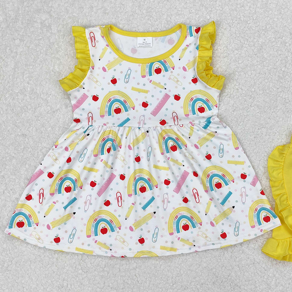 GSSO1913Girls Rainbow Pencil Skirt Outfit Yellow Apple Design Back to School Ensemble for Kids