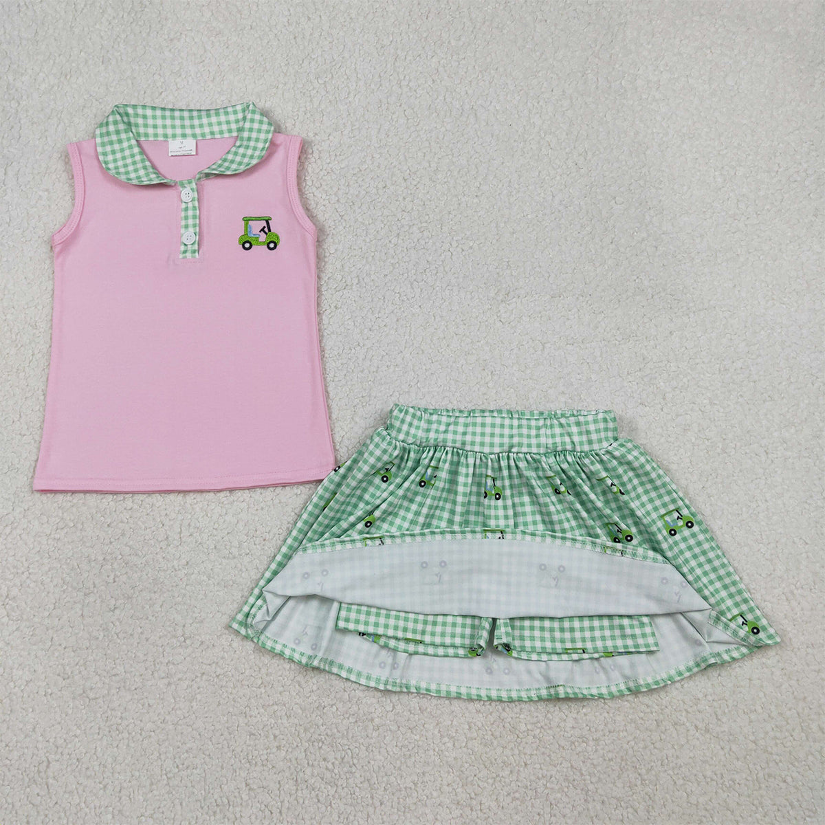 1.16 RTS NO MOQ (In stock)GSD3120 Embroidery Golf Trucks Baby Girls Button Top Checked Skirt Shorts Clothes Sets