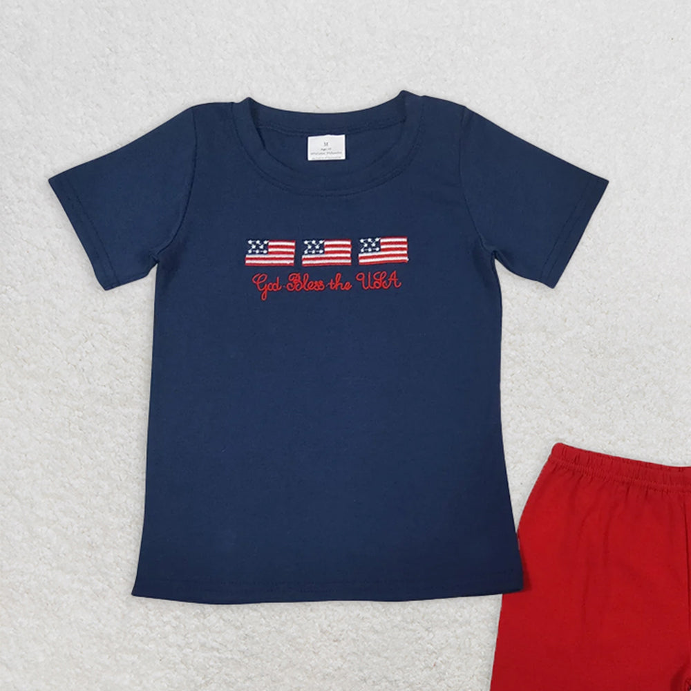BSSO0713 RTS NO MOQ Baby Boys Summer Boys Outfits Embroidery Baby Boys 4th Of July Flags Shirt Top Red Shorts Outfits Clothes Sets