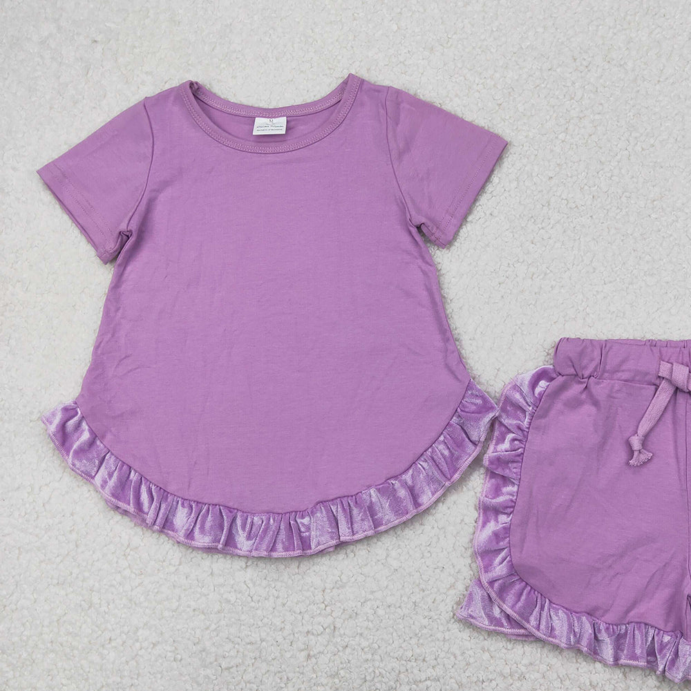 5.17 GSSO2184 RTS NO MOQ Baby Girls Summer Outfits Baby Girls Purple Short Sleeves Tunic Ruffle Short Set
