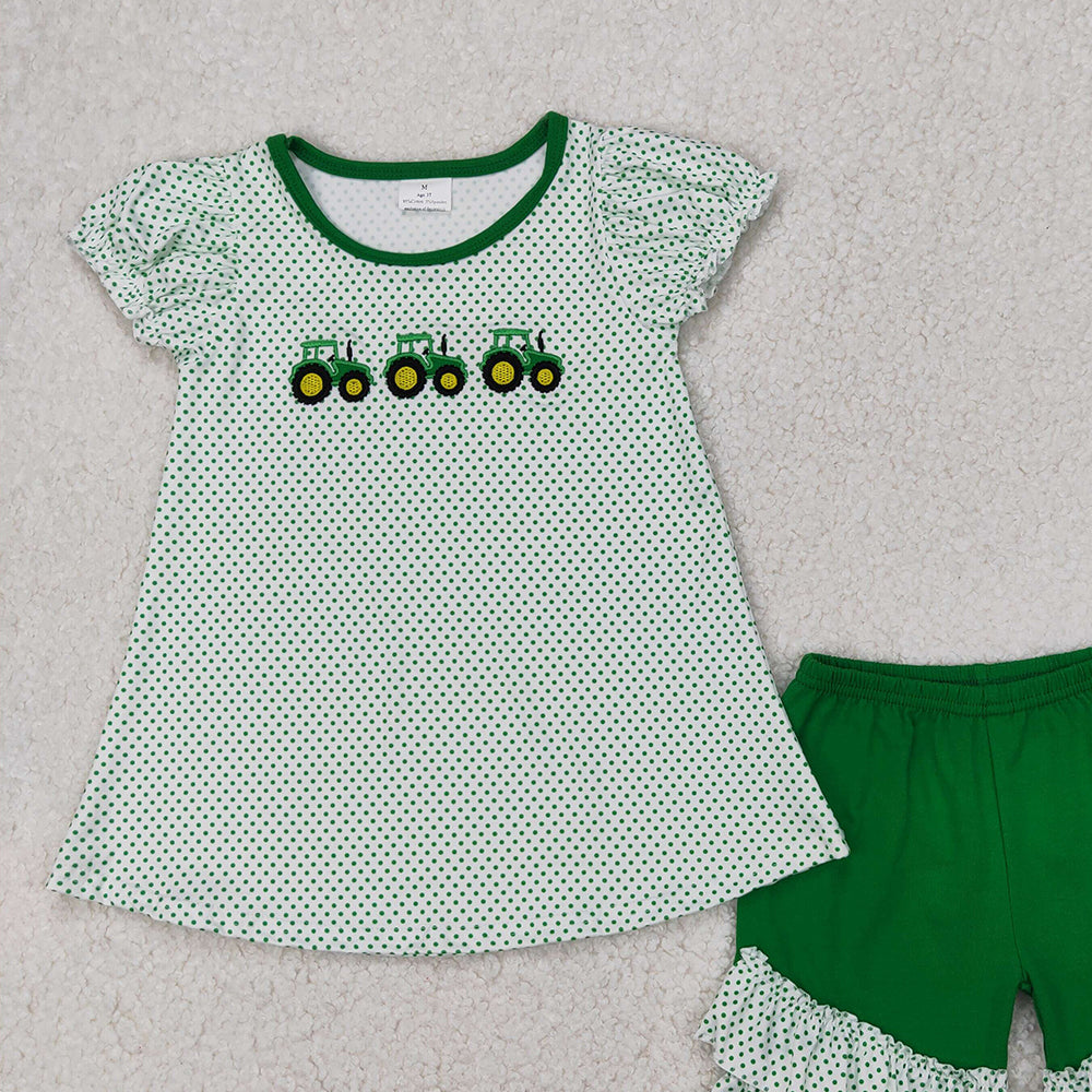 6.11 GSSO2268 RTS NO MOQ Baby Girls Summer Outfits Baby Girls Short Ruffle Sleeves Trucks Polka Dots Tunic Green Ruffle Short Set