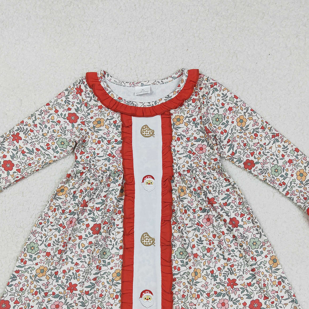 RTS NO MOQ (In stock)GLD1062 Baby Girls Winter Dress Floral Cookie Santa Girls Long Sleeve Christmas Dress Festive Holiday