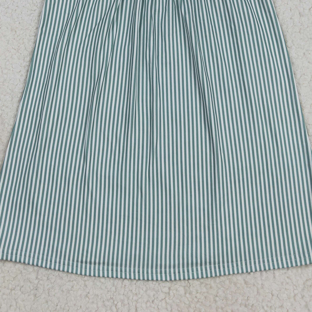 8.27 RTS NO MOQ (In stock)GSD2746 Baby Girls Summer Dress Embroidery Baby Girls Green Stripe Bows Pumpkins Fall Knee Length Dresses
