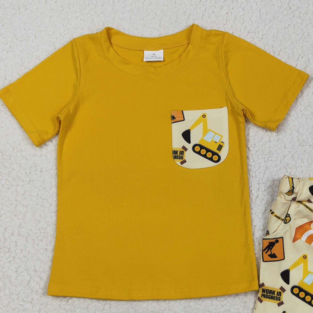 8.11 BSSO0529RTS NO MOQ Baby Boys Summer Boys Outfits Baby Boys Tractor Pocket Tee Shirts Shorts Clothes Sets